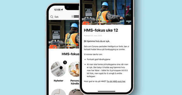 Smarttelefon viser en app for ansatte, med en nyhetsartikkel om HMS-fokus. Foto.