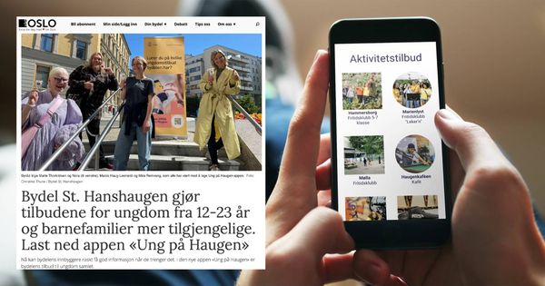 Bilde av en ung person som holder en smarttelefon med appen Ung på Haugen på. Over bildet en faksimile fra Avisa Oslo. Foto.